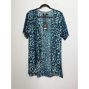 Lucky & Blessed Women's Blue Cheetah Duster Kimono Chiffon Open Front Blouse S